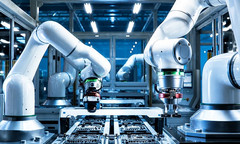 Futuristic robotic assembly line interior